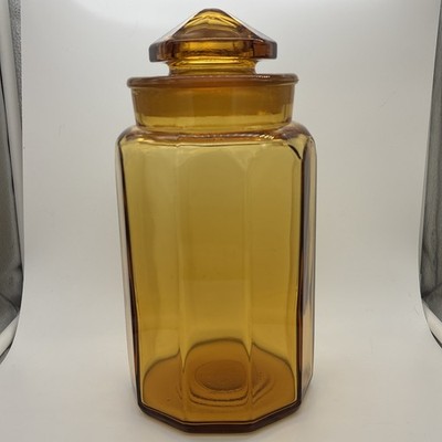 Vintage Large LE SMITH CANISTER Amber Paneled Glass  Apothecary Jar Candy
