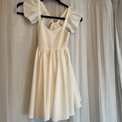 Azazie Girls White Flower Girl Dress Size 5 Ruffle Sleeve Full Skirt Wedding GUC