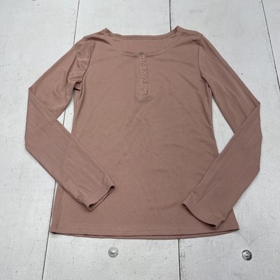 Ribbed Henley Shirt Womens Small Pink Long Sleeve Button Front Scoop Neck Knit