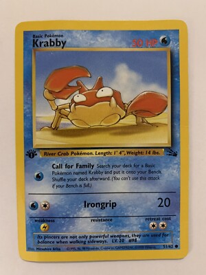 UNGRADED first edition KRABBY 51/62 FOSSIL Pokemon Card COMMON