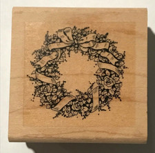 Wood/Rubber Stamp Wreath W/Ribbon Bow  Roses