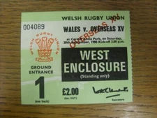20/09/1980 Rugby Union Ticket: Wales v Overseas XV [At Cardiff Arms Park] (West