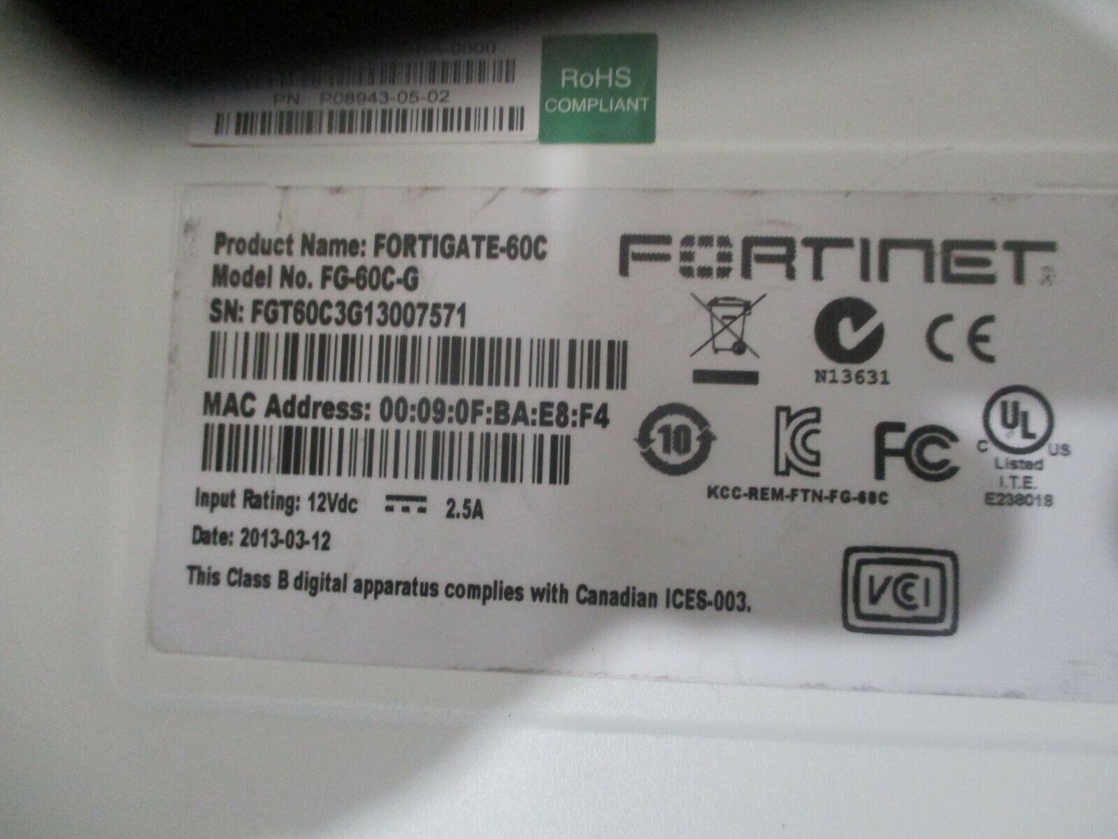 Fortinet FortiGate 60C Security Firewall Appliance FortiGate-60C FG-60C-G  P08943