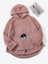 SHEIN Plus Dog Embroidered Kangaroo Pocket High Low Flannel Hoodie Size 16 NWT