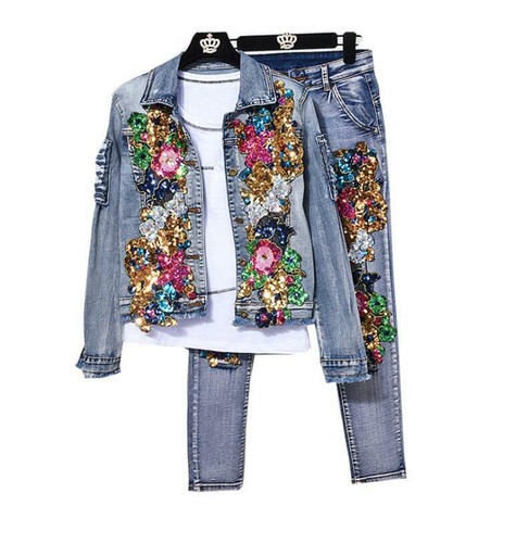 Fashion Womens Denim Sequins Ripped 