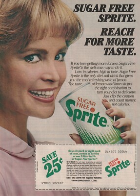 Diet Sprite soda Coca-Cola Co.1982 magazine ad Beautiful smile  lips sugar free