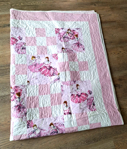 Trapunta doppia fatta a mano 60inX77in rosa/bianco quadrati con ballerine retro fiaba - Foto 2 di 9