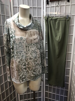 Alfred Dunner/Rena Rowan,Woman,Sz L,Pant Set,Green Cream,Long Sleeve,arabesque.!