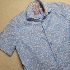 Robert Graham Mens Blue Damask Jacquard Short Sleeve Button Down Shirt Small