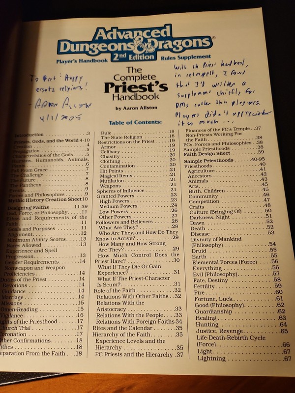 AD&D Complete Priest's Handbook UNIQUE Signed+custom insight Aaron Allston TSR 