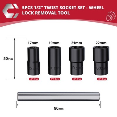 5-tlg. Ausdreher Steckschlüssel Set 17/19/21/22mm für Schrauben Muttern