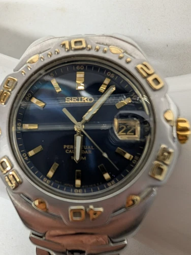 Vintage SEIKO Perpetual Calendar 100mm Wristwatch -New Battery- Runs- Ticks-