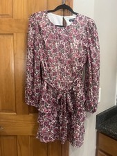 EXPRESS Metallic, Floral Long Sleeve Tie Waist Tiered Ruffle Mini Dress Size M