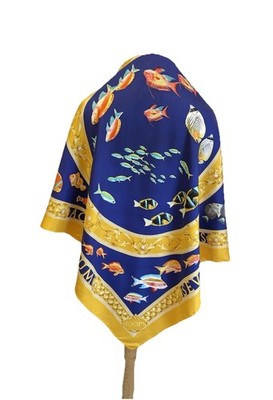 S49٪Vintage JOOP! Seven Seas Silk Scarf Blue Yellow Fish Nautical Print