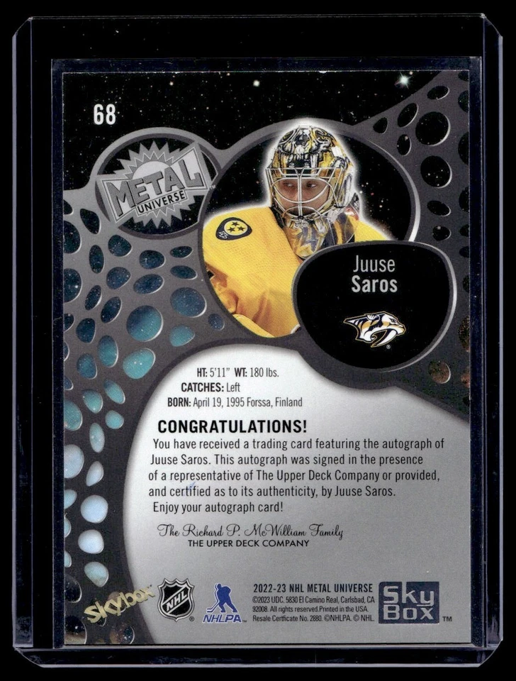2022-23 Skybox Metal Universe Silver FX Auto Juuse saros #68 - Image 2 of 2