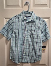 IZOD Blue Topaz Plaid Short Sleeve Button-Up Shirt, Size M 10/12