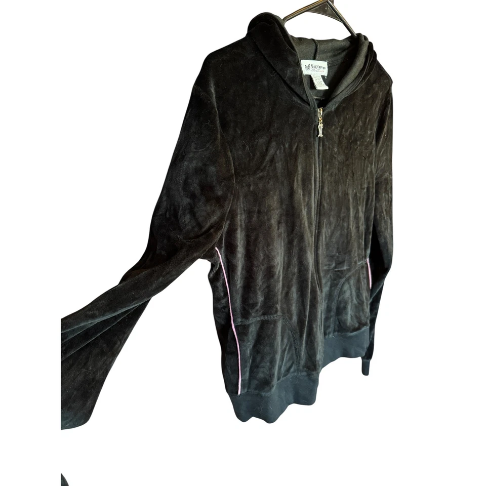 Jaqueta com capuz vintage autoestima veludo com zíper acabamento rosa preto softcore grunge GG - Imagem 2 de 4