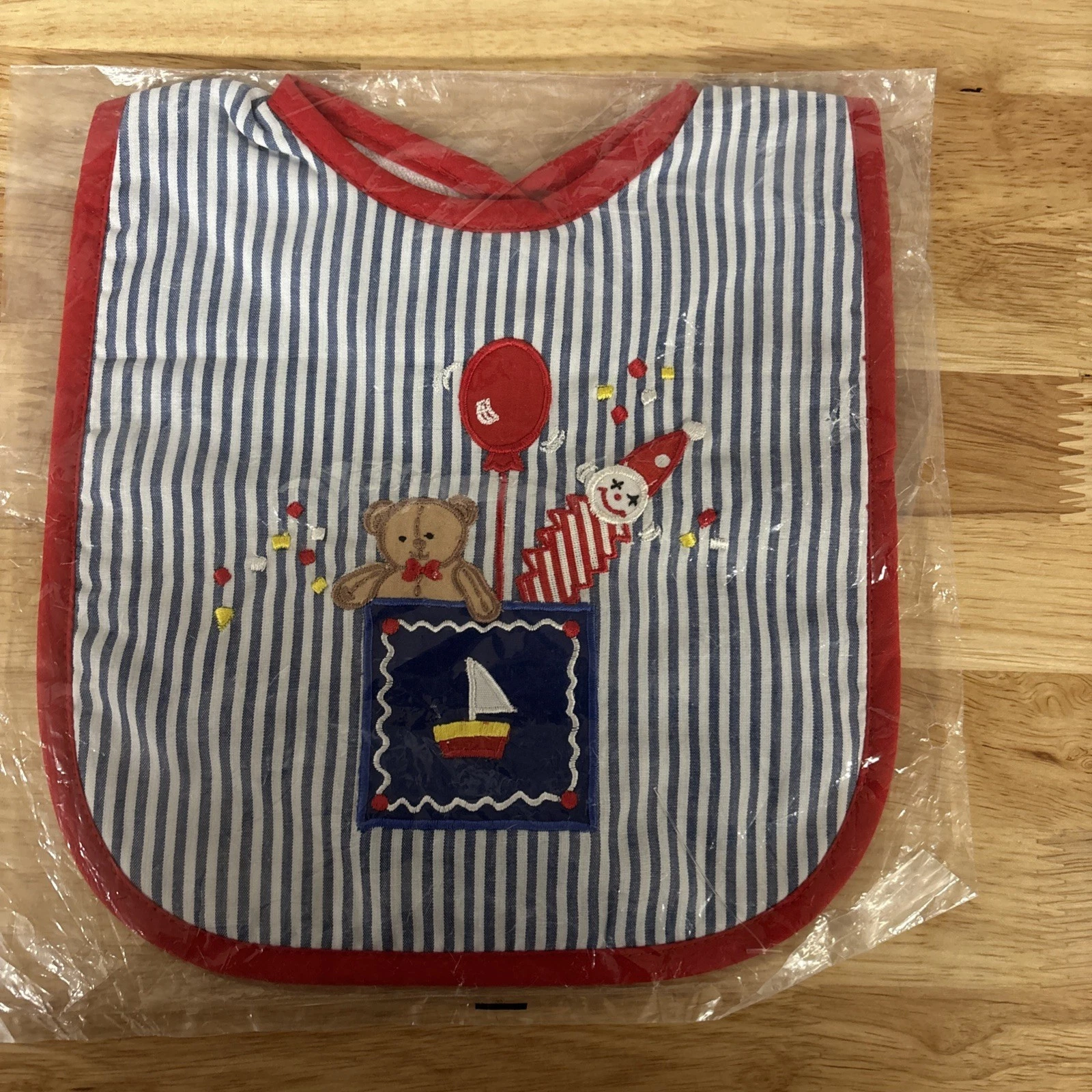 Vintage Baby Bib Seersucker Clown Teddy Jack In The Box 1980’s 1990’s New NOS