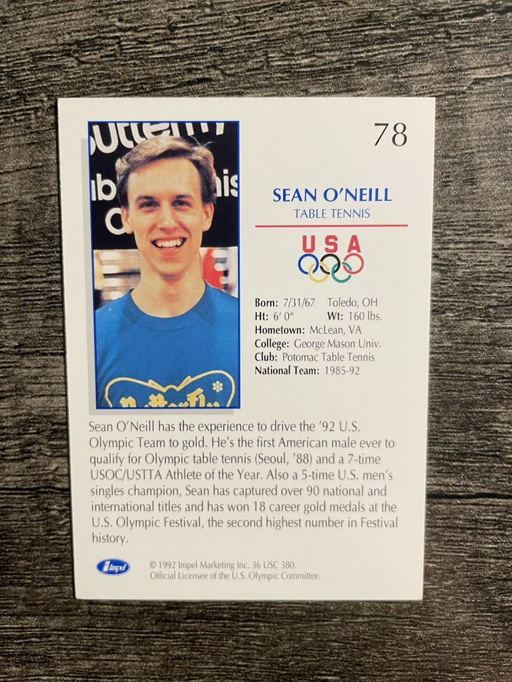 Tarjeta firmada por Sean O’Neill 1992 Impel U.S. Olympicards #78 EE. UU. tenis de mesa automático Foto 3 de 3