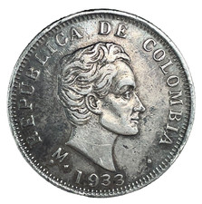 Colombia 1933 M Medellin Mint 50 Centavos AU/UNC  Silver Coin KM 193.2