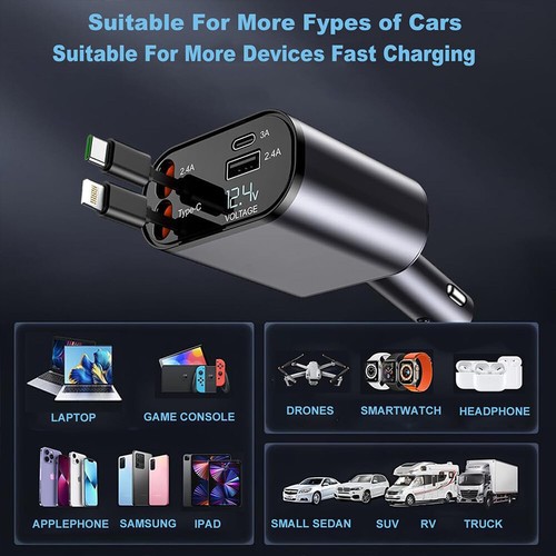 4IN1 100W Retractable Car Charger USB Type C Cable For Phone Fast Charge Adapter - 第 14/16 張圖片