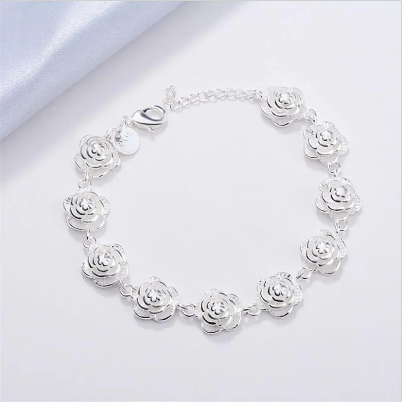 925 Sterling Silver Rose Flower Chain Bracelet For Women