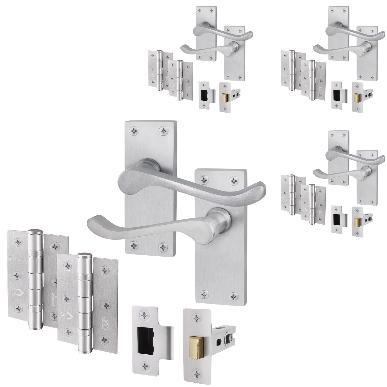 Satin Chrome Victorian Scroll Door Handle & Latch Set with Hinges 76mm, 4 Pack