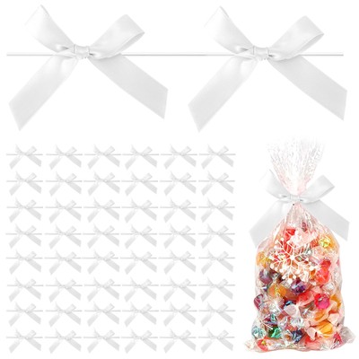 Twist Tie Bows 50 Pcs Mini Satin Ribbon Bows White Pre Tied Bow with Wire Sma...
