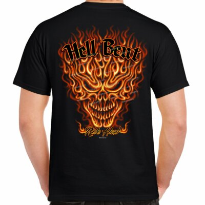 Hell Bent Ride Hard Flaming Skull Motorcycle Biker T-Shirt no Harley
