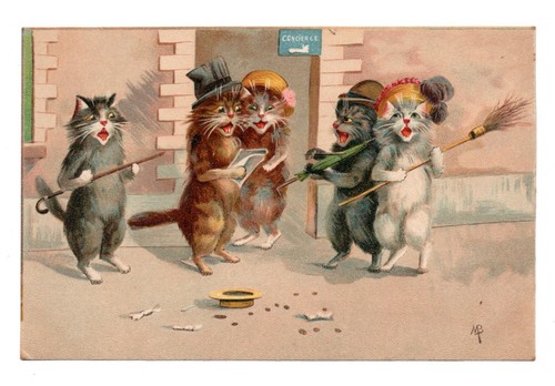 illustrateur MAURICE BOULANGER . Chats humanisés . Descente en luges