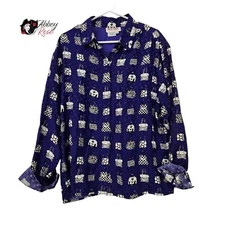 Maggy London Women's Silk Long Sleeve Blouse Purple Multiple Purse Fun Print 16