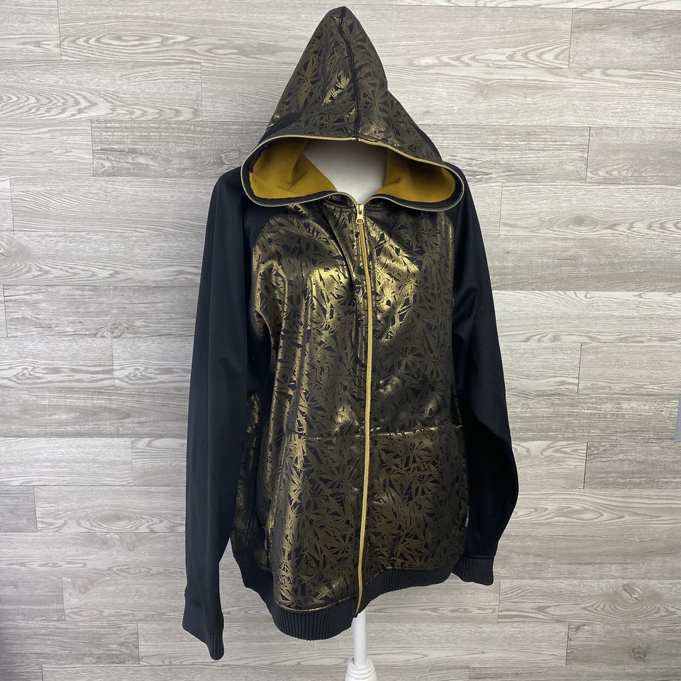 Rare E408 SNOWBOARDING JACKET Gold Marijuana Leaf Print Full Zip Hoodie Mask - Image 2 of 4