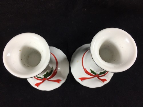 2 Porcelain Candle Holders Ribbon and HollyBerry Japan Vintage 4.5" - Picture 8 of 8