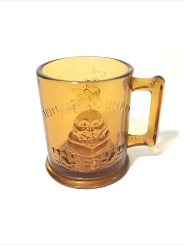 Vintage Amber Glass Cup Mug~Humpty Dumpty & Tom Tom, Piper's Son. 3.5”