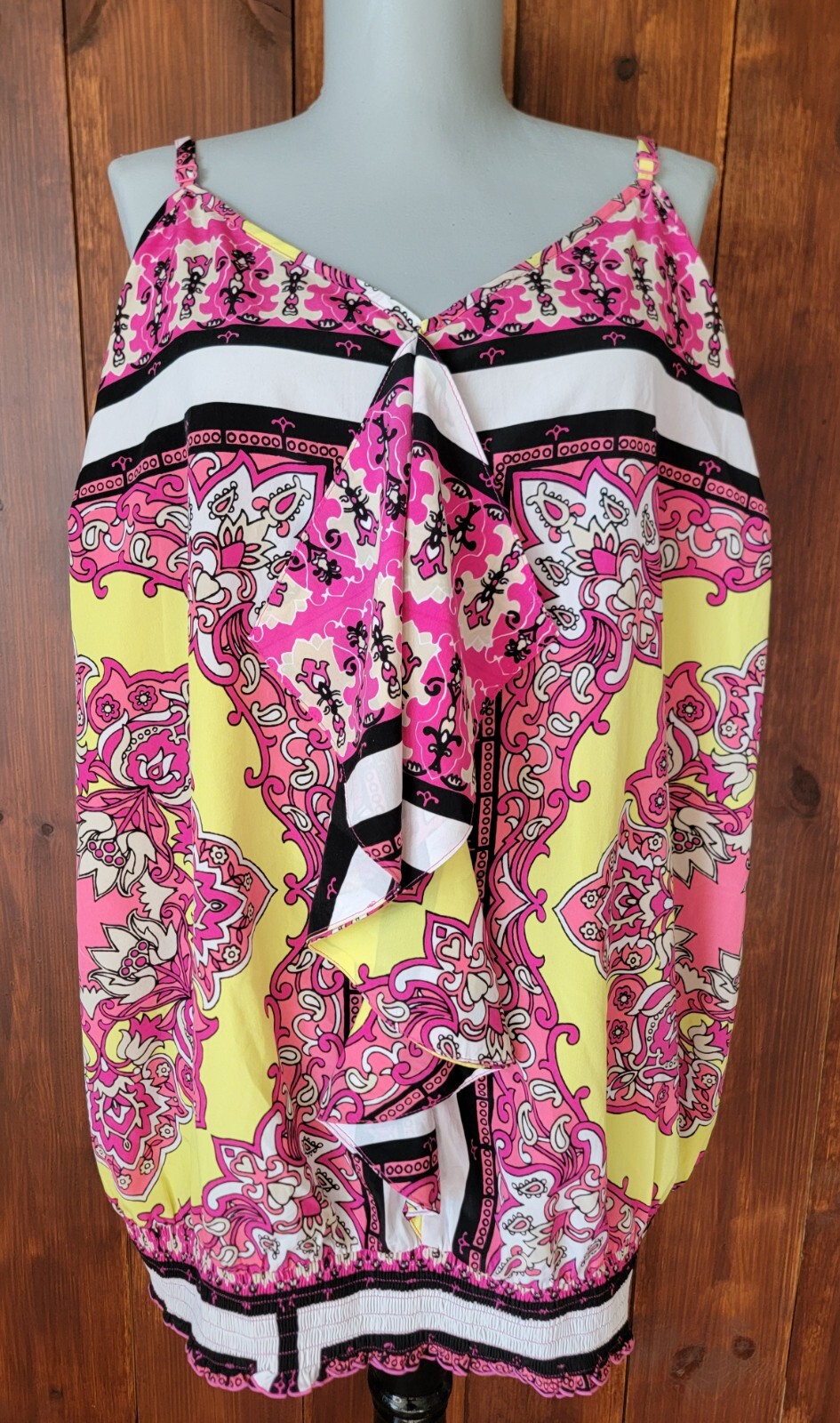 Lane Bryant Womens 26/28 Pink Floral Satin Shell Top with Adjustable Straps & Ruffle Detail