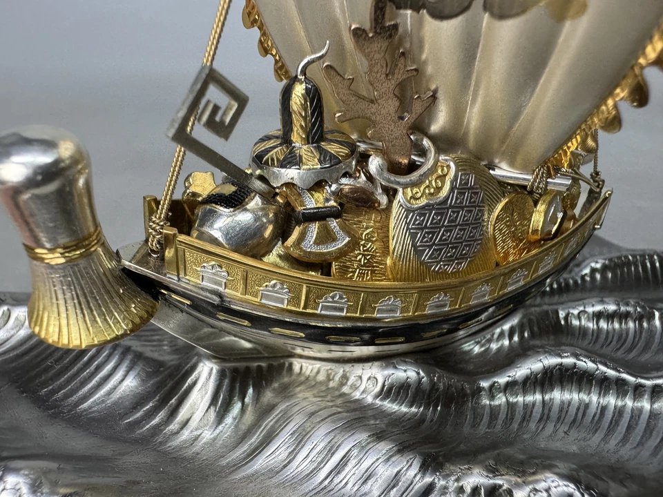 Y9006 OKIMONO Silver Treasure Ship caja de cristal Japón figura interior antigua Foto 2 de 4