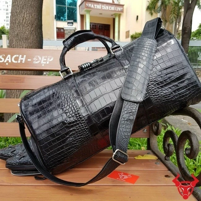 55CM W Black Genuine Crocodile Alligator Leather Skin Men Bag