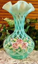 Limited to 1996 ONLY...VHTF Fenton HP BLUSH ROSE ON OPALINE ROSE TRELLIS VASE 