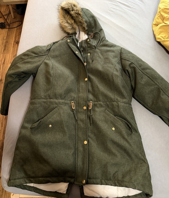 Magellan Outdoors Women's Green Hooded Parka Jacket XL Fur Trim Zip Button