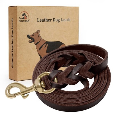 FAIRWIN Braided Leather Dog Training Leash 6 Foot M - 6 ft x 5/8 inch, Brown