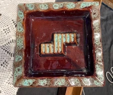 Large Mid Century Turquoise Ceramic Ashtray 9.5”  MCM Smoker Stand Tobacciana