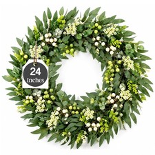 24 Inch Olive Wreath for Front Door, Artificial Olive Leaf Greenery Decor