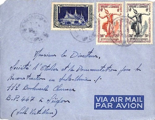 Cambodia 2$ on airmail  cover to  Saigon bilingual Siemreap-Angkor Cambodge 1954