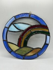 VTG Lead Stained Glass Sun Catcher Round 8-3/4 Inches Rainbow, Over Hill, Sky