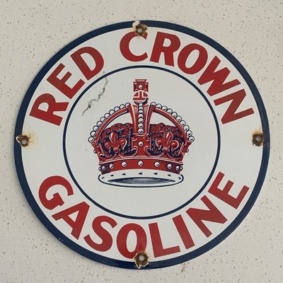 Red Crown Gasoline Round Gas & Oil Advertising Sign White Red Blue