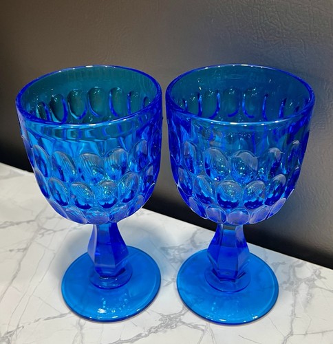 Vintage Fenton Art Glass Colonial Blue Thumbprint Goblets, Set Of 2 - Picture 3 of 4