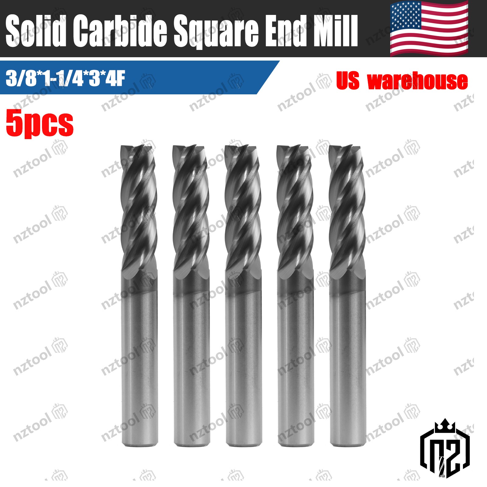 5Pcs 3/8 Solid Carbide End Mill 4 Flute 1-1/4 LOC 3 OAL AlTiN Coated CNC Bit
