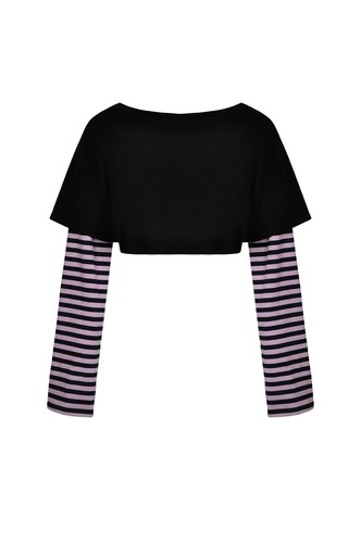 DARK IN LOVE Women Punk Gothic Sexy Cat Pattern Stripe Sleeves Crop Top T-Shirt - Picture 3 of 19