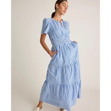 Quince Organic Cotton Striped Tiered Maxi Dress Azure Blue White Size Medium