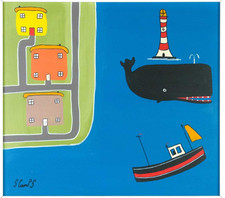 Steve Camps 'Scamps' - Original Acrylic Painting - Whale in a Cornish Harbour.